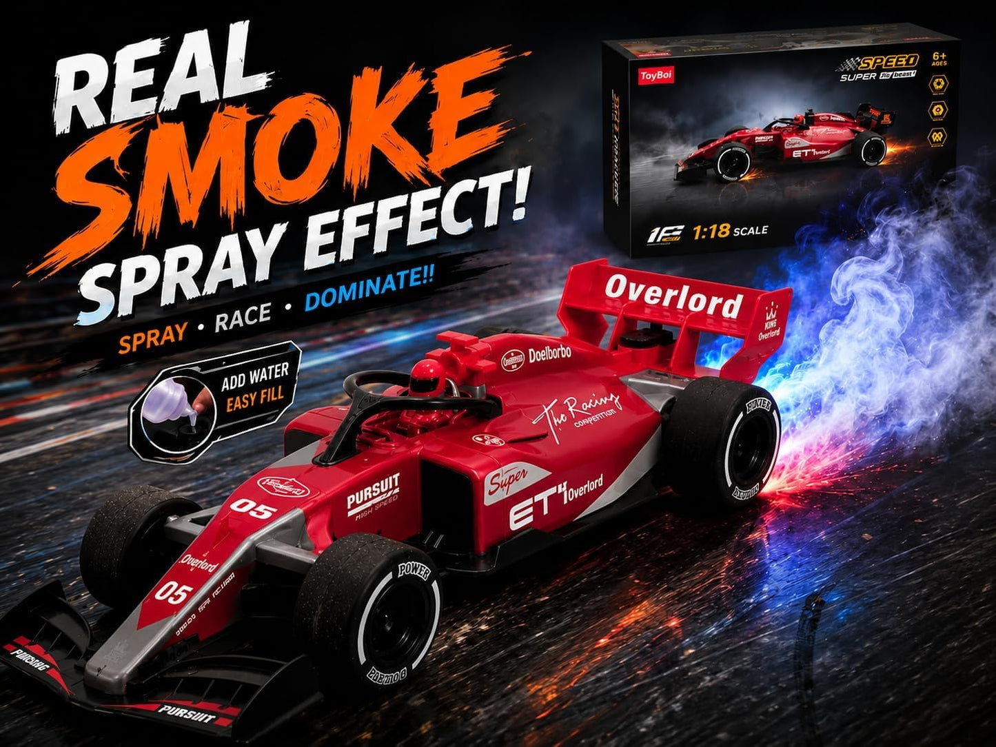1:18 RC Formula Racing Car for Kids with Turbo Spray Effect, LED Lights, 2.4GHz Remote Control –Any 1