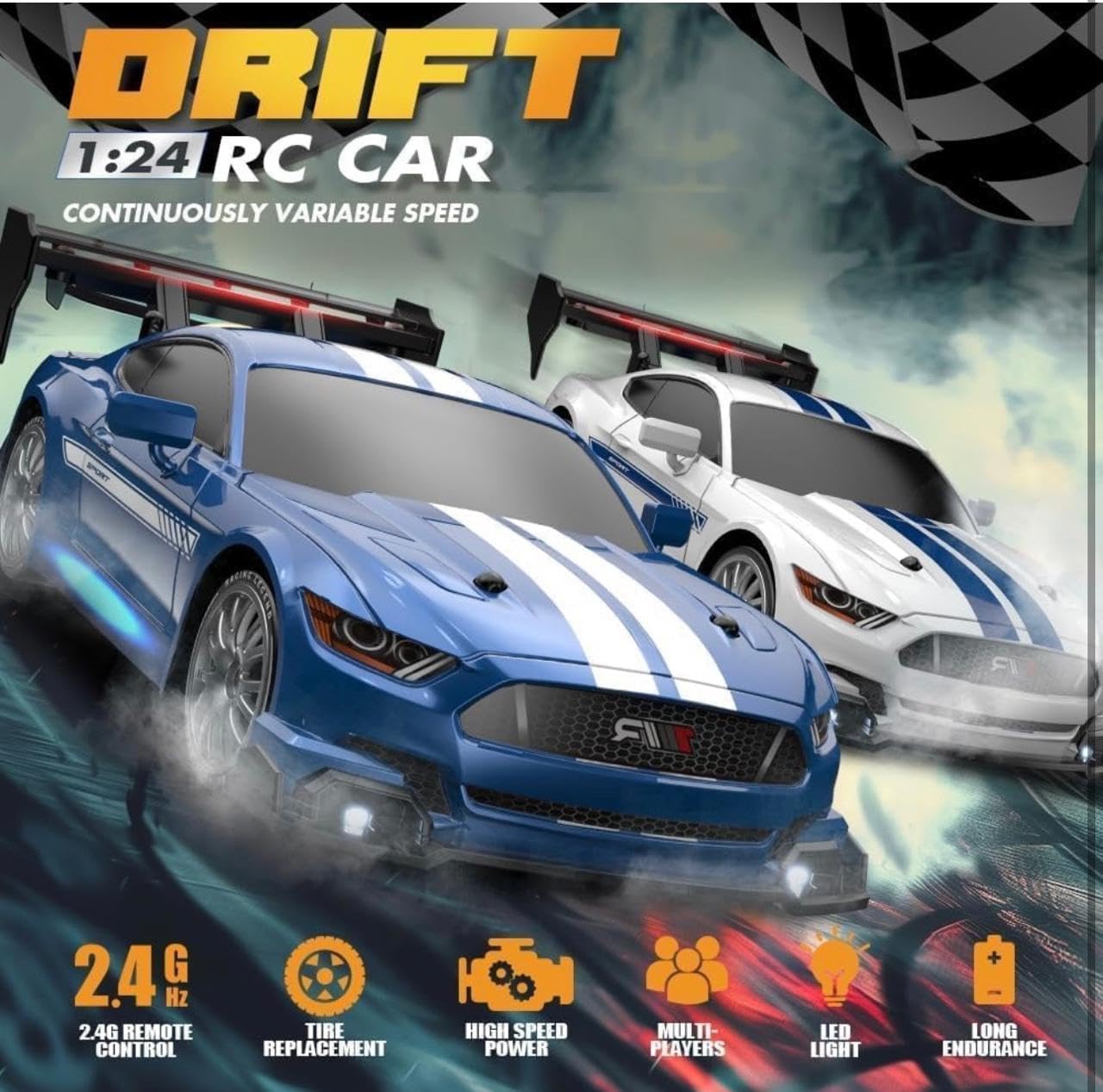1:24 Scale 4WD Drift RC Car with LED Headlights, Bottom Ambient Lights, Cool Rear Wing, Four-Wheel Drive
