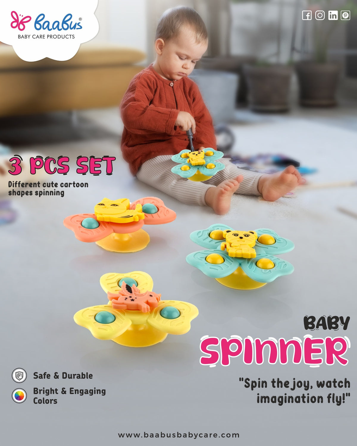 3 Pieces Baby Spinner Set - Travel and Bath Toy