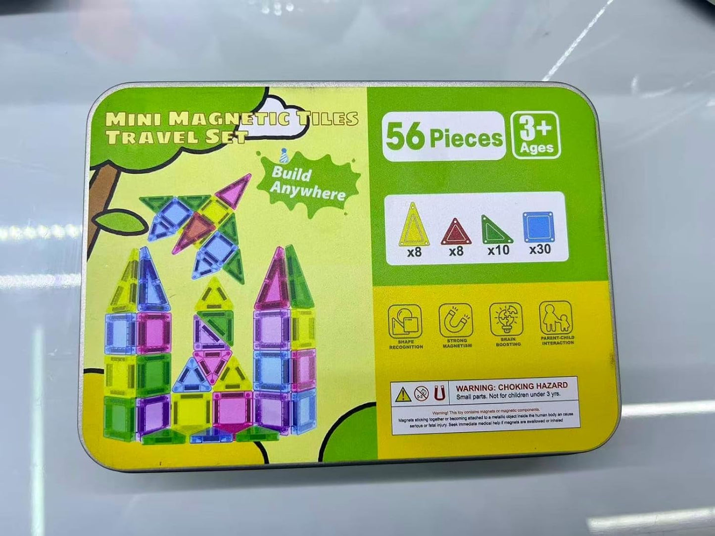 56 Pieces-Mini Magnetic Tiles Travel Set,for Kids Ages 3+, Colourful Building Blocks in Portable Tin Box