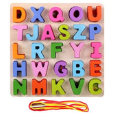 Alphabet ABCD Wooden Puzzles Lacing Beads Game Education Children Toy