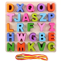 Alphabet ABCD Wooden Puzzles Lacing Beads Game Education Children Toy