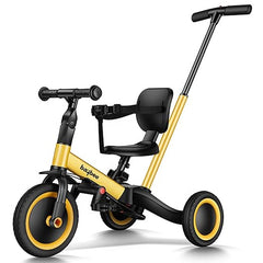 YELLOW 5 in 1 Kids Cycle Tricycle, Baby Tricycle with Eva Wheels, Parental Adjustable Push Handle, Seat, Pedal & Safety Belt 1-4 YEAR