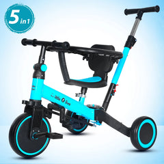 BLUE 5 in 1 Kids Cycle Tricycle, Baby Tricycle with Eva Wheels, Parental Adjustable Push Handle, Seat, Pedal & Safety Belt 1-4 YEAR