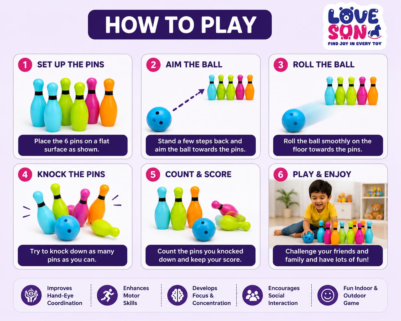 Bowling Alley Set for Kids, 6 Pins and 2 Ball