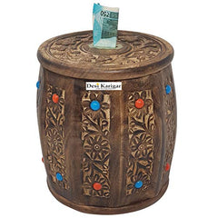Brown wooden Antique Money Bank - Drum Bank - Small