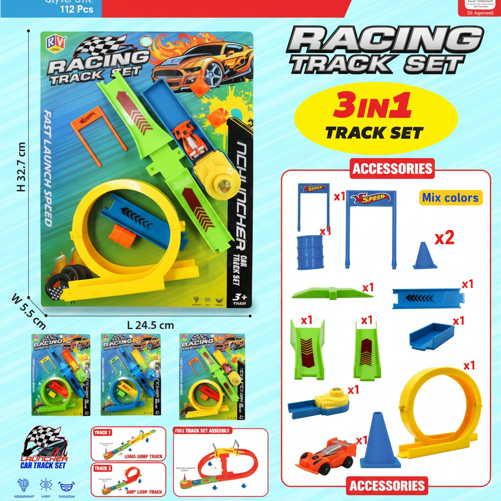 F1 Racing Track Toy Set with Single Loop 360° Press and go Launcher Car