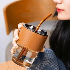 Glass Tumbler with Lid, Sipper, Glass Coffee Mug - without Straw