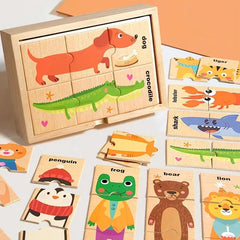 High Quality Wooden Animal Puzzle with wooden storage box