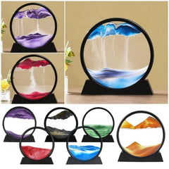 Hourglass Art 3D Natural Landscape Mobile Sand Painting Deep Sea Sandscape Liquid Motion, Round Glass Frame Display Flowing Sand Relaxing Gift- Any 1 Color