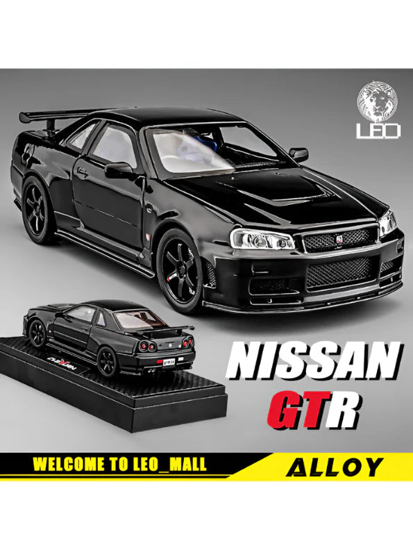 Black die-cast model of a Nissan Skyline GT-R R34 1:32 Scale Openable Doors & Light, Music Toy