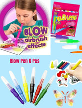 Magic Blow Pens Set of 6 Piece Colour Spray Blowpen with 6 Stencils