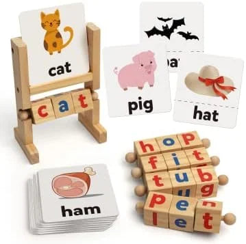 Merpin Wooden Spinning Spelling Game - Reading Blocks with Flash Cards- Word Cognitive Pairing
