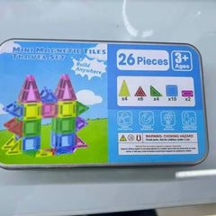 26 Pieces-Mini Magnetic Tiles Travel Set,for Kids Ages 3+, Colourful Building Blocks in Portable Tin Box