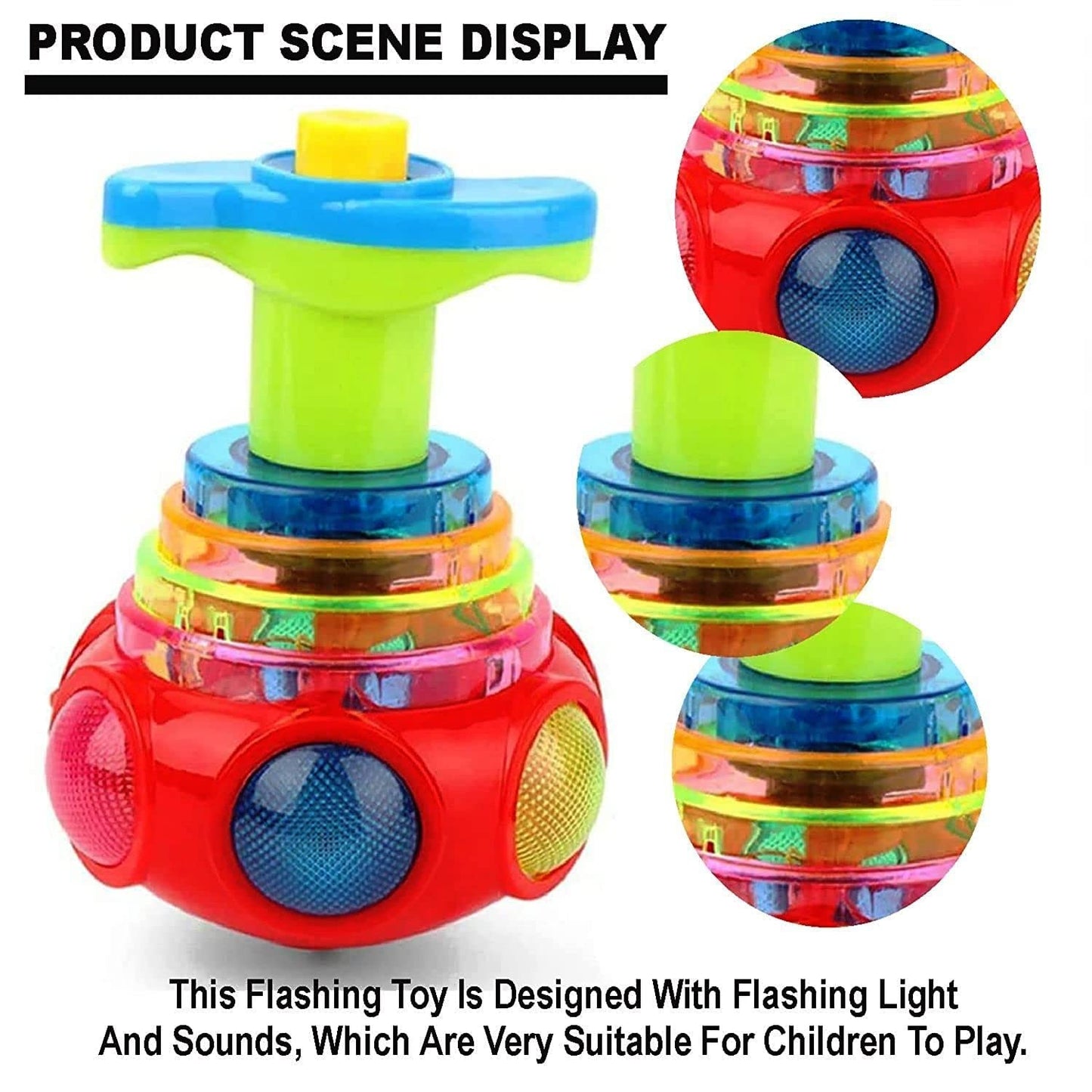 Colorful toy with flashing light and sounds on a white background