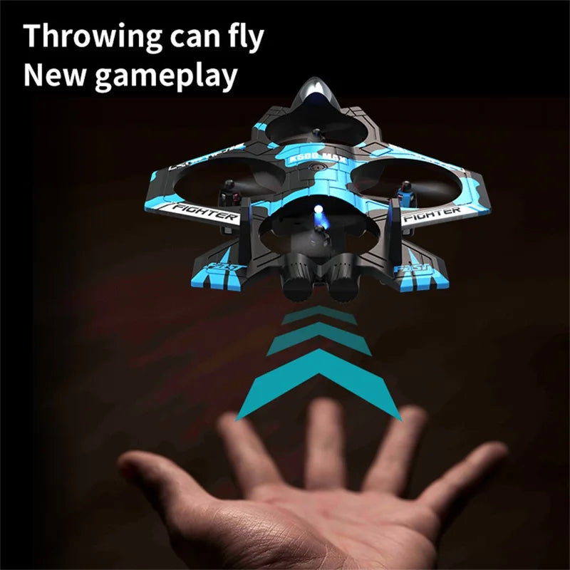 Plastic 2-in-1 RC Jet Fighter & Mini Quadcopter Drone - 2.4GHz, LED Lights, 360-degree Flip, Blue, Ages 14+ under