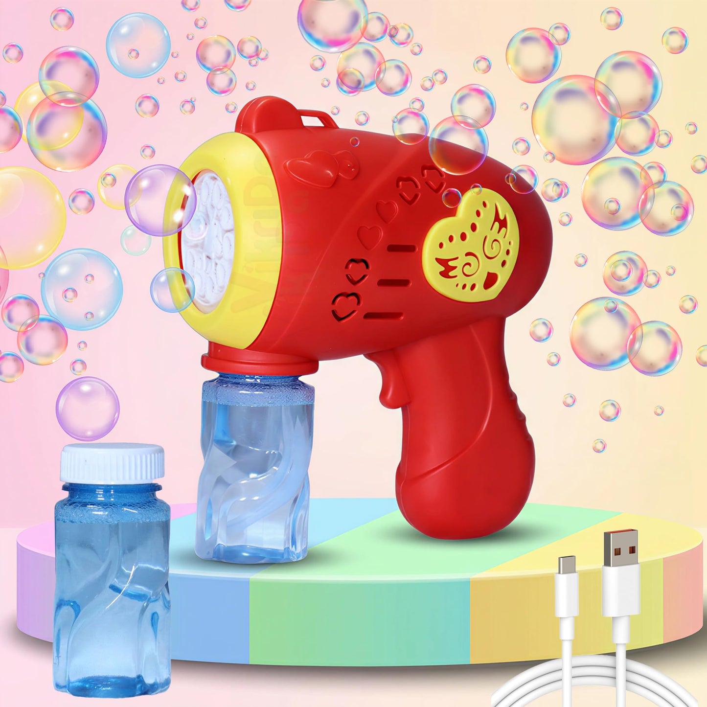 Rechargeable Bubble Gun for Kids with Type-C USB Charging, LED Lights & Music Electric Bubble Blower with Bubble Solution Bottle
