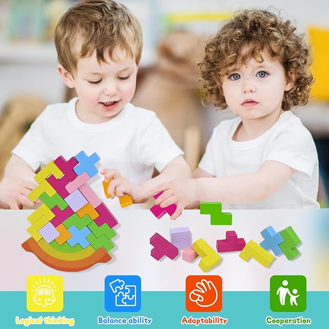 Wooden Tetris Rocking and Height Stacking Toy - Fun & Educational for Kids