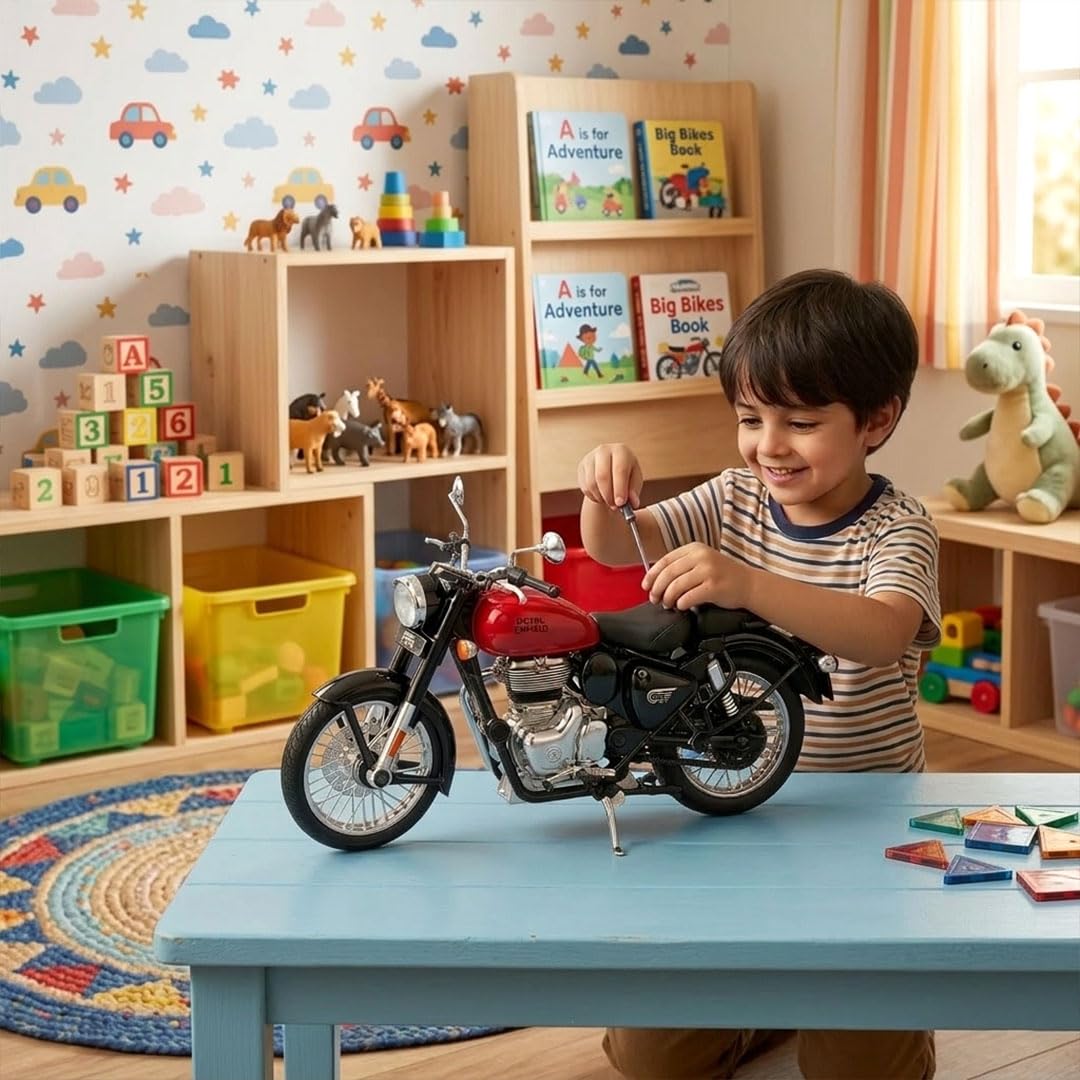 Royal Enfield 1:15 Scale Diecast Motorcycle Model Toy, Pull Back Action, Bullet Bike Detacheble Parts with 3 Colored Fuel Tank