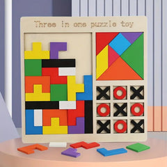 Wooden 3 in 1 Puzzle Toy - Tangram, Tic tac toe and Game chess Russian Intteligence