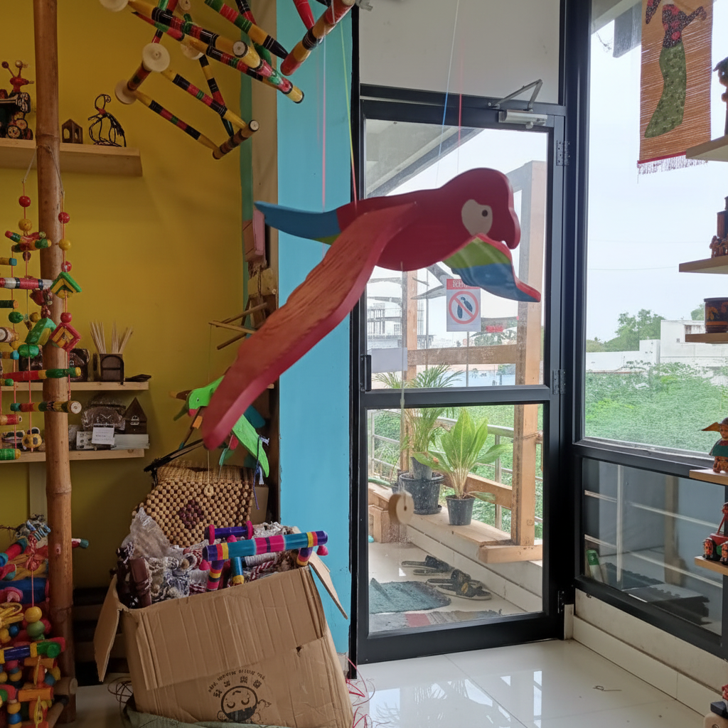Wooden Multicolour Flying Parrot – Pull & Fly Toy Mobile Hanging bird
