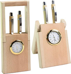 Wooden Double Pen Stand with Clock