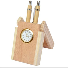 Wooden Double Pen Stand with Clock