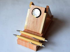 Wooden Double Pen Stand with Clock