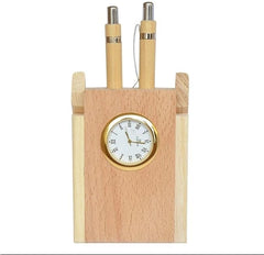 Wooden Double Pen Stand with Clock