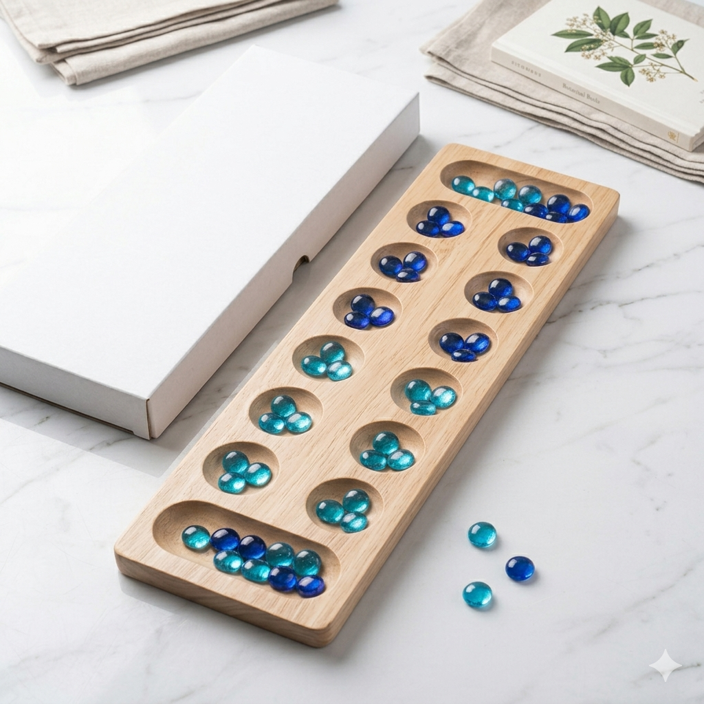 Wooden Mancala Game Board with Stones