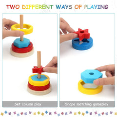 Wooden Rainbow Rings Tower - Geometric Shape Recognition, Sorting, Stacking and Plugging