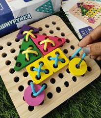 Wooden Shapes Lacing Board Puzzle - with 20 Different Reference Picture Book