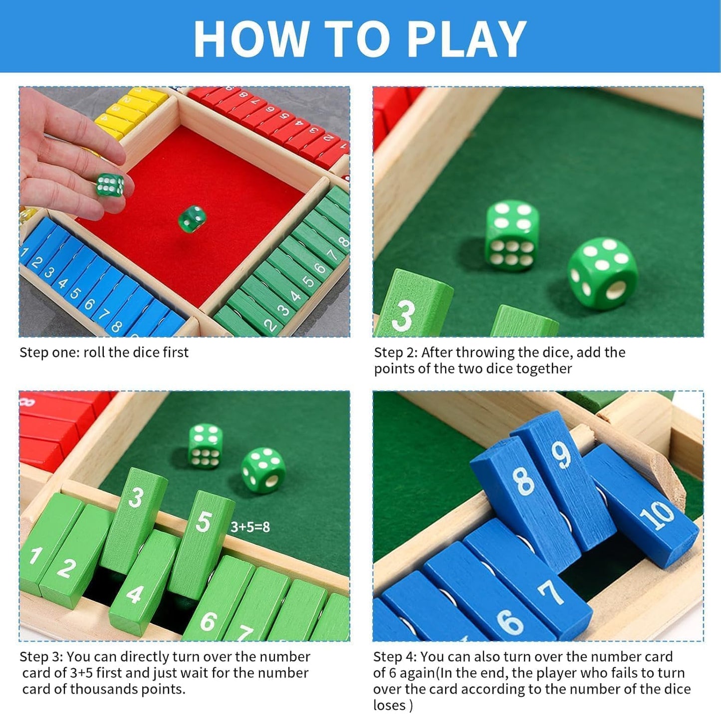 Multicolor Wooden Shut The Box Dice Game | 4 Player Board Game | Educational Math Learning Toy | Table Top Game for The Party Family | Traditional Number Game