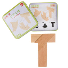 Wooden Jigsaw Puzzle Tetris Puzzle Blocks Kids Educational Toy - T Shape -with TIN Box