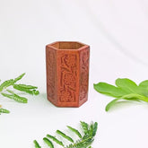 Brown Wooden Carved Pen stand