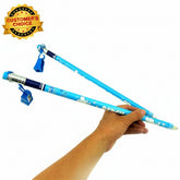 Two blue jumbo pencils with erasers held by a hand on a white background