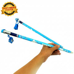 Two blue jumbo pencils with erasers held by a hand on a white background