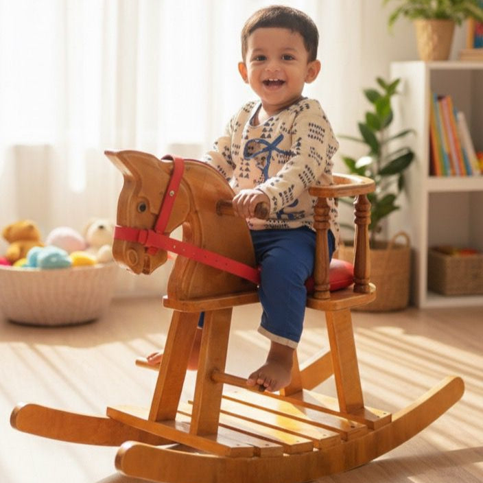 Wooden Rocking Horse With Side Support Baby Protection - Red Belt seat -Read Description