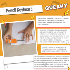 Instructions for creating a pencil keyboard using Queaky, with text and a photo of hands holding a pencil and paper.