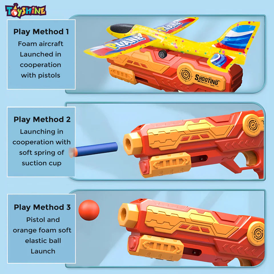 3 In 1 Plane Launcher Toys Plane, Foam Darts And Foam Ball Shooter One-Click Ejection Shooting Gun Launch-Multicolor