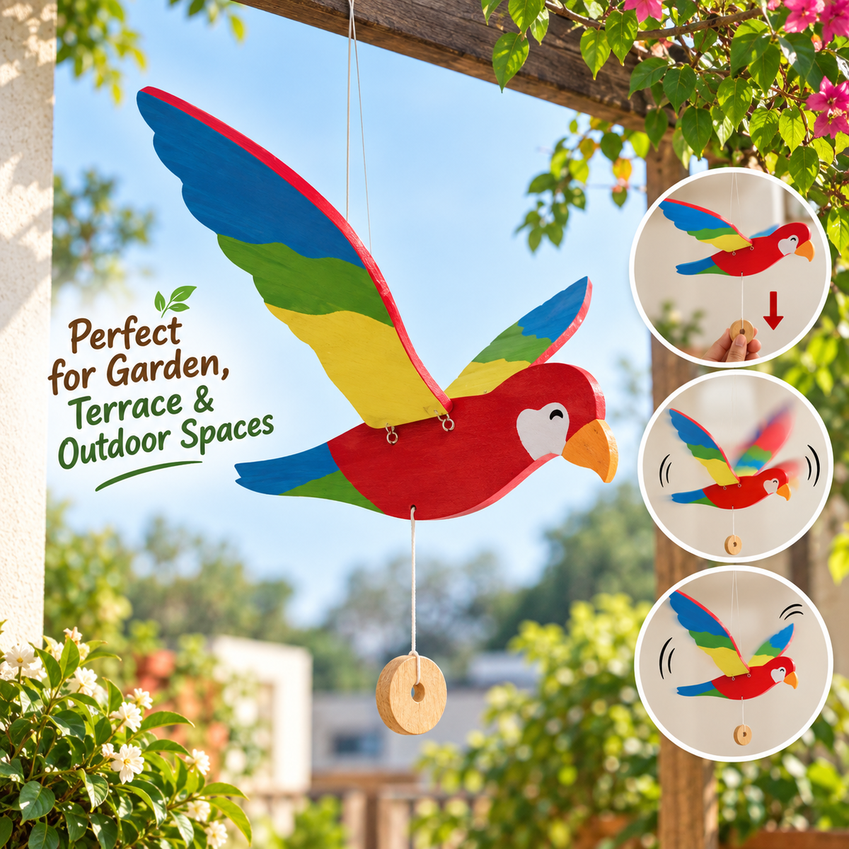Wooden Multicolour Flying Parrot – Pull & Fly Toy Mobile Hanging bird