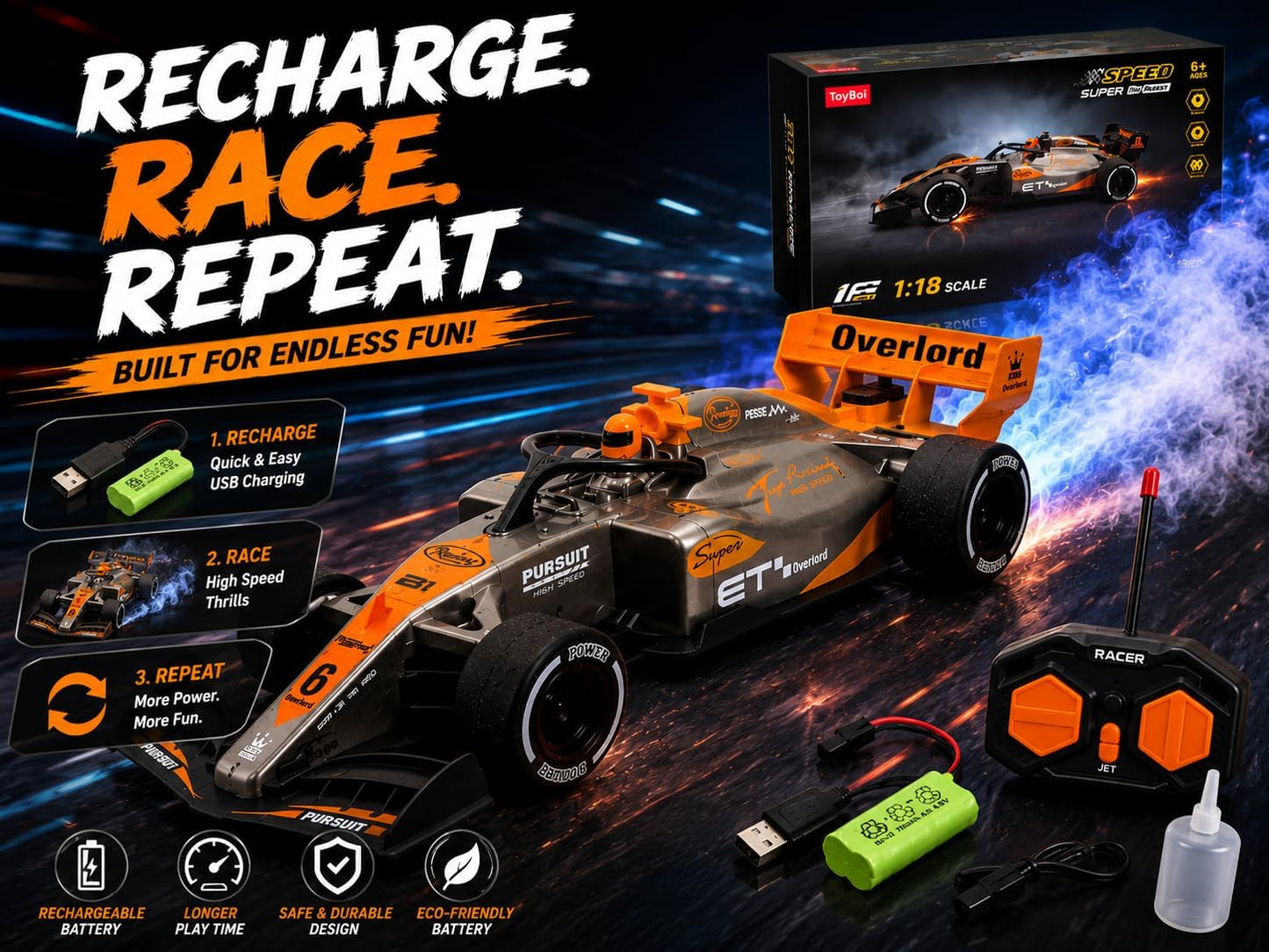 1:18 RC Formula Racing Car for Kids with Turbo Spray Effect, LED Lights, 2.4GHz Remote Control –Any 1