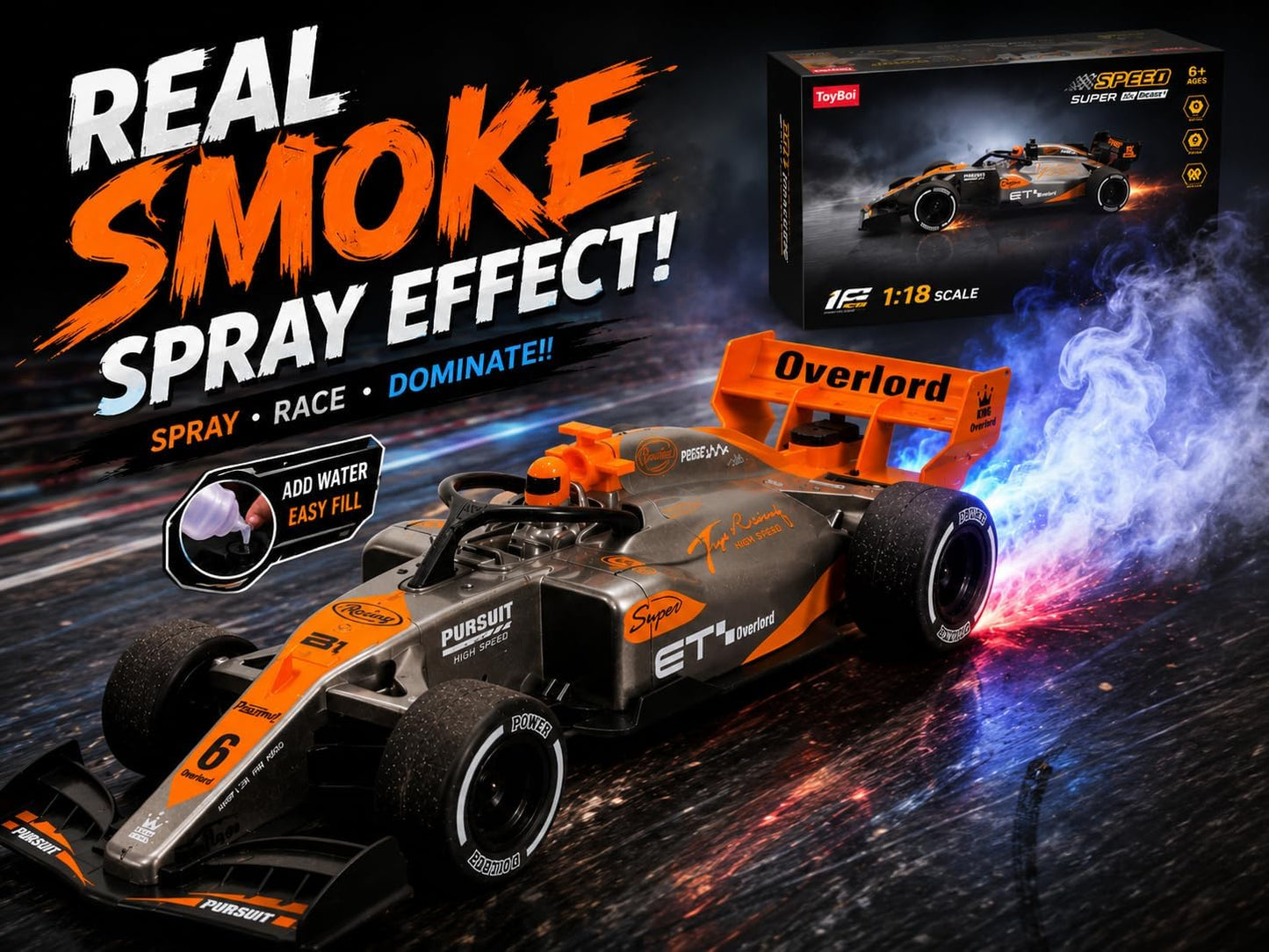 1:18 RC Formula Racing Car for Kids with Turbo Spray Effect, LED Lights, 2.4GHz Remote Control –Any 1