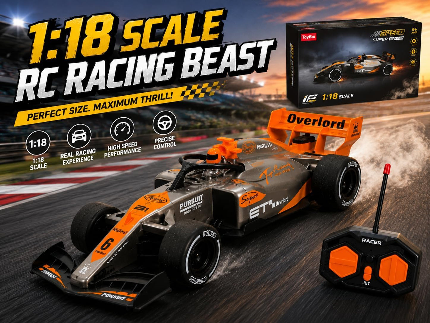 1:18 RC Formula Racing Car for Kids with Turbo Spray Effect, LED Lights, 2.4GHz Remote Control –Any 1