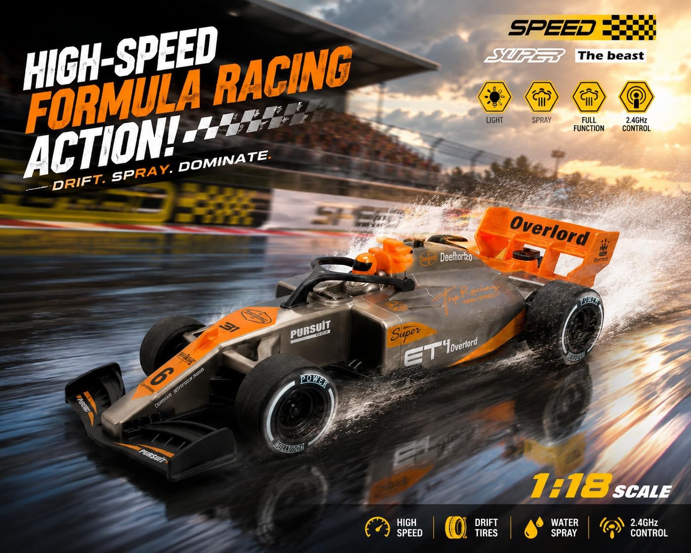 1:18 RC Formula Racing Car for Kids with Turbo Spray Effect, LED Lights, 2.4GHz Remote Control –Any 1