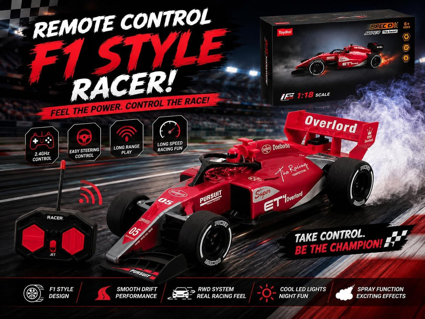 1:18 RC Formula Racing Car for Kids with Turbo Spray Effect, LED Lights, 2.4GHz Remote Control –Any 1
