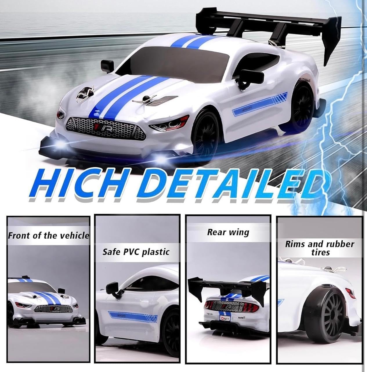 1:24 Scale 4WD Drift RC Car with LED Headlights, Bottom Ambient Lights, Cool Rear Wing, Four-Wheel Drive