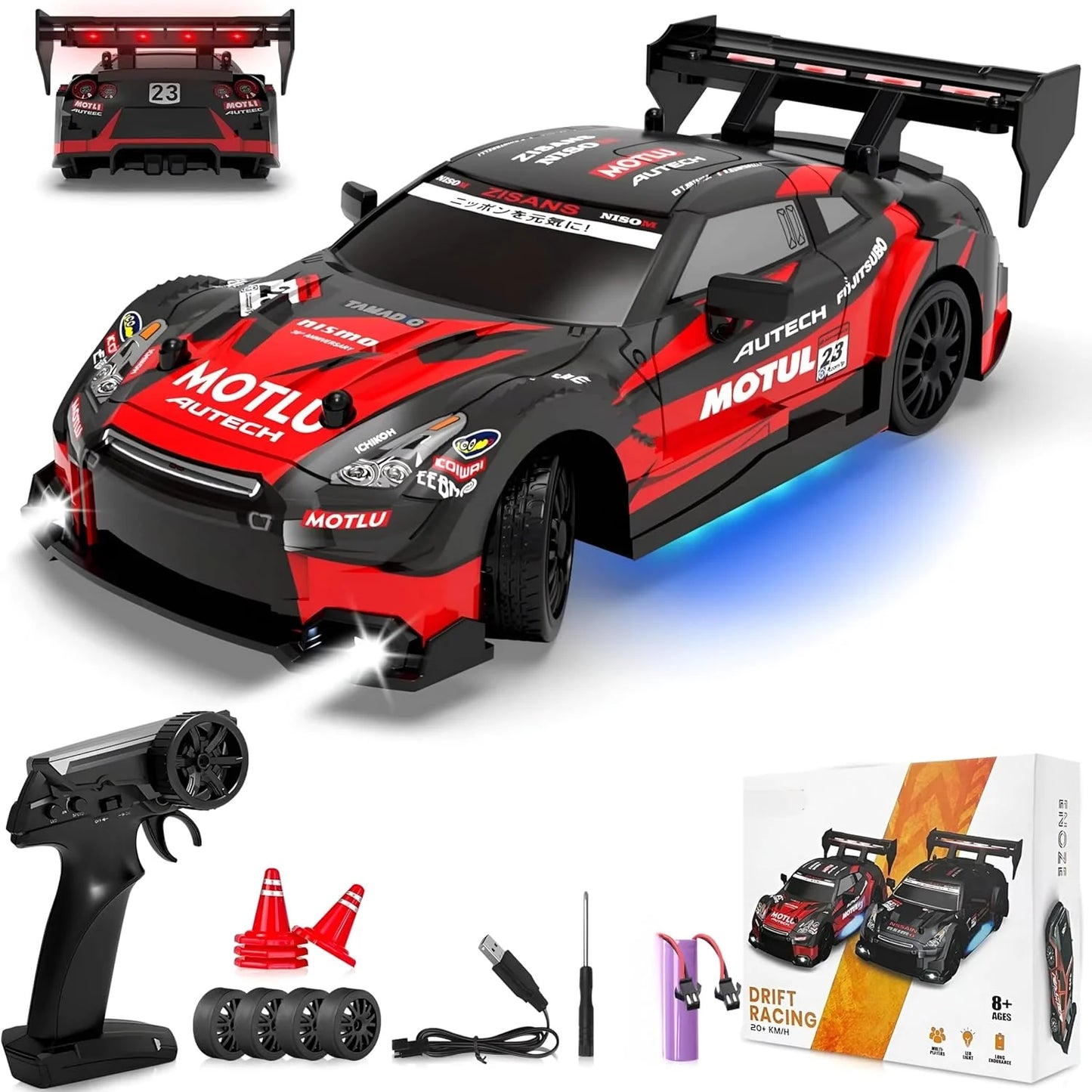 1:24 Scale 4WD Drift RC Car with LED Headlights, Bottom Ambient Lights, Cool Rear Wing, Four-Wheel Drive