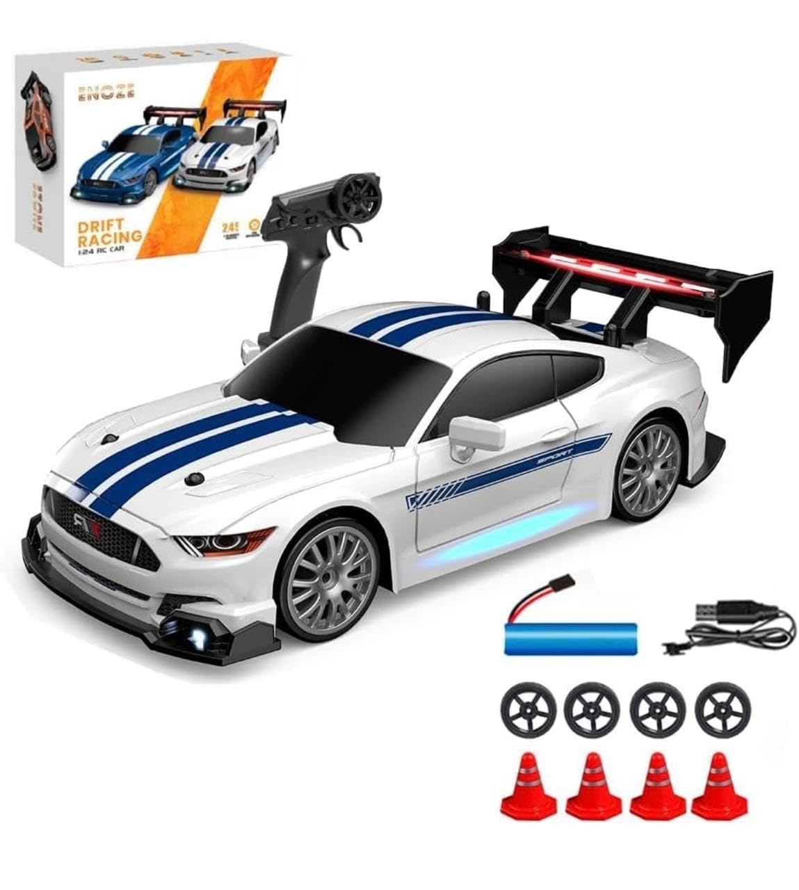 1:24 Scale 4WD Drift RC Car with LED Headlights, Bottom Ambient Lights, Cool Rear Wing, Four-Wheel Drive