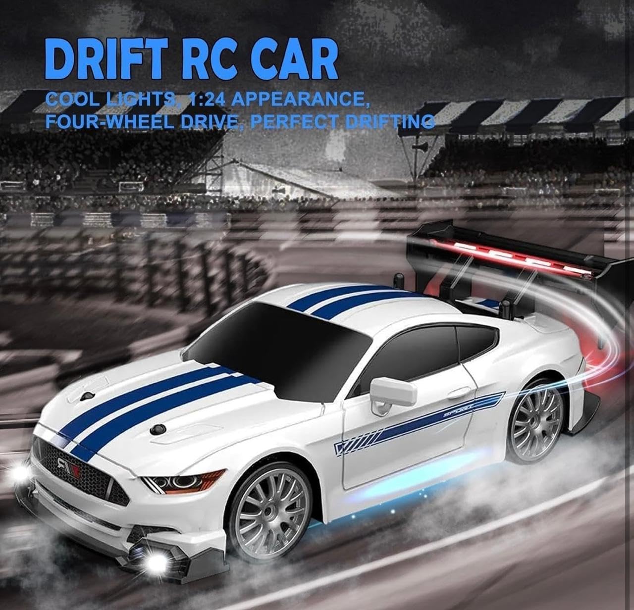1:24 Scale 4WD Drift RC Car with LED Headlights, Bottom Ambient Lights, Cool Rear Wing, Four-Wheel Drive